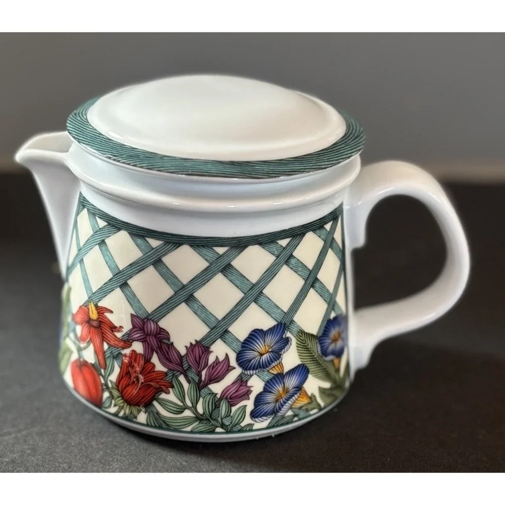 Dansk Nordic Garden Creamer Pitcher w/ Lid Ceramic Denmark Floral Lattice Design